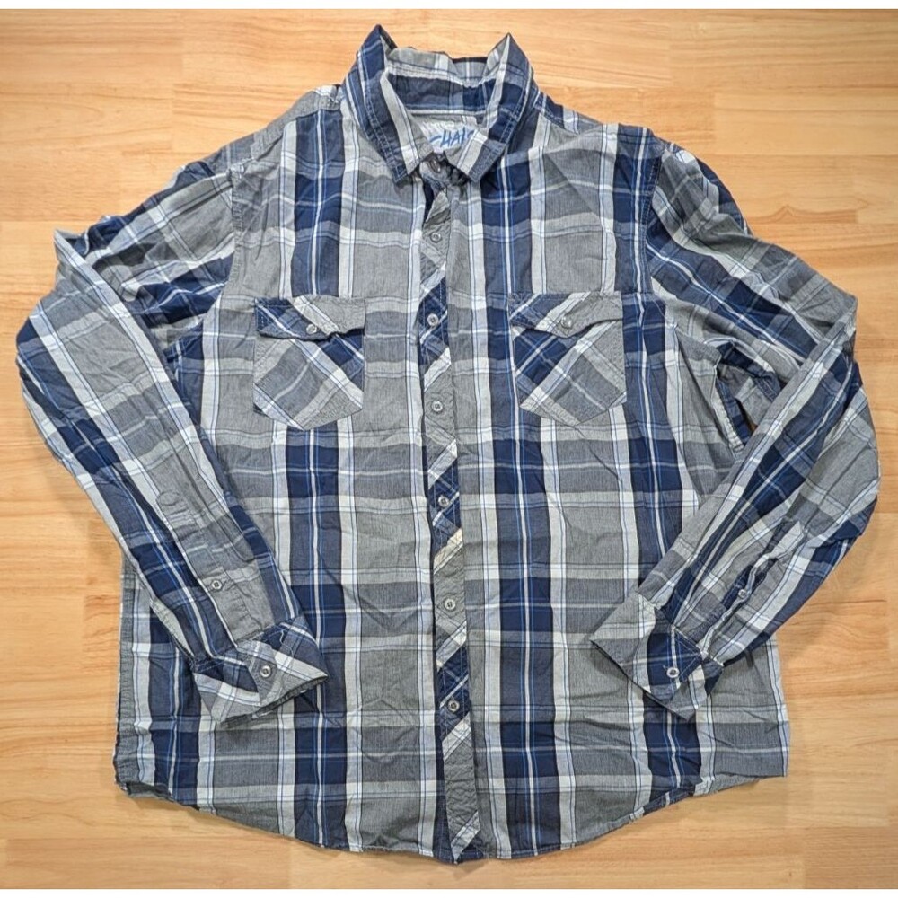 Chalc Mens Shirt XXL Plaid Button Down Long Sleeve Blue Grey Cotton Western